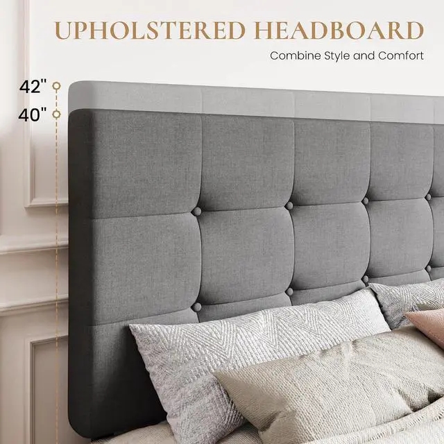 Alt view image 4 of 7 - Upholstered Full Size Platform Bed Frame with 4 Storage Drawers, Adjustable Headboard with Square Stitched Button Tufted Design, Wooden Slat Support, No Box Spring Needed, Light Grey