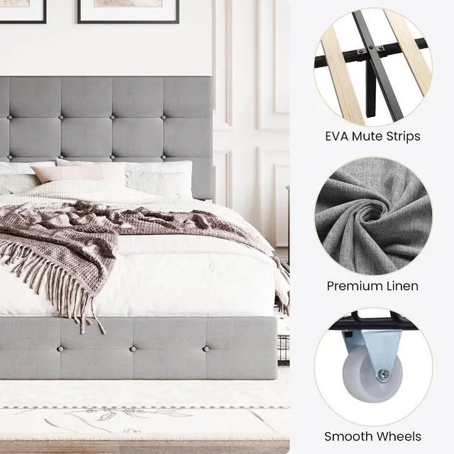 Alt view image 7 of 7 - Upholstered Full Size Platform Bed Frame with 4 Storage Drawers, Adjustable Headboard with Square Stitched Button Tufted Design, Wooden Slat Support, No Box Spring Needed, Light Grey
