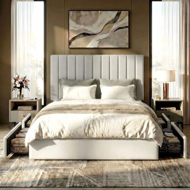 Alt view image 3 of 7 - Full Size Platform Bed Frame with 4 Storage Drawers, Vertical Channel Tufted Adjustable Headboard, Velvet Upholstered, Wooden Slats Support, No Box Spring Needed, Easy Assembly, White