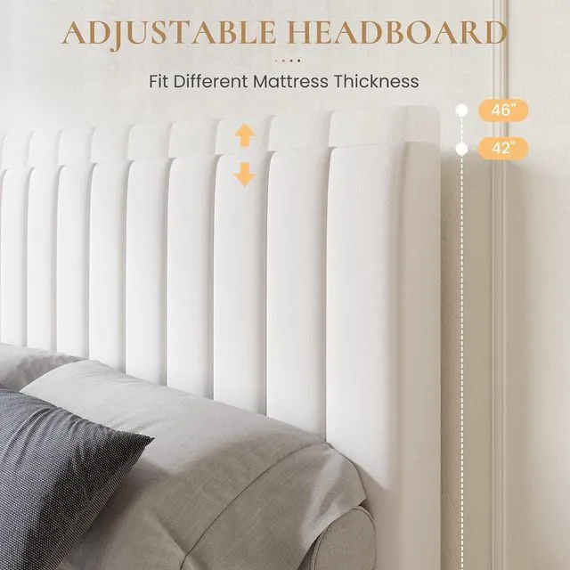 Alt view image 4 of 7 - Full Size Platform Bed Frame with 4 Storage Drawers, Vertical Channel Tufted Adjustable Headboard, Velvet Upholstered, Wooden Slats Support, No Box Spring Needed, Easy Assembly, White
