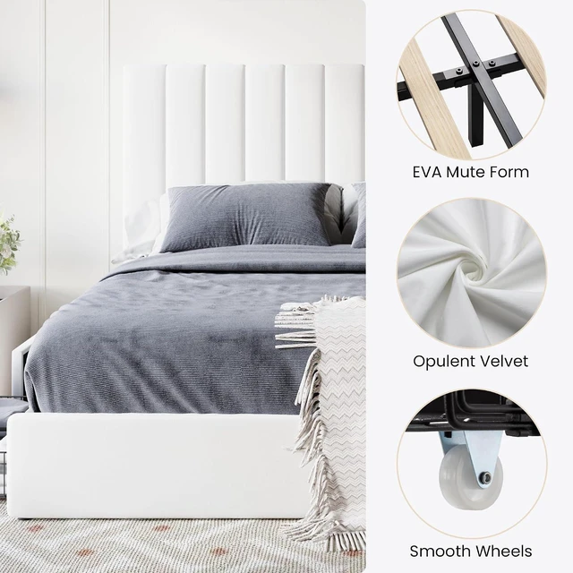 Alt view image 7 of 7 - Full Size Platform Bed Frame with 4 Storage Drawers, Vertical Channel Tufted Adjustable Headboard, Velvet Upholstered, Wooden Slats Support, No Box Spring Needed, Easy Assembly, White