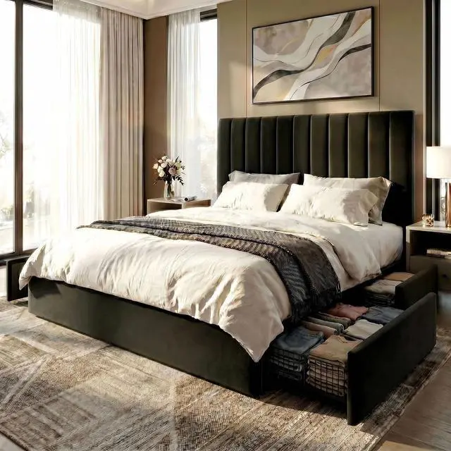 Main image of Queen Size Platform Bed Frame with 4 Storage Drawers, Vertical Channel Tufted Adjustable Headboard, Velvet Upholstered, Wooden Slats Support, No Box Spring Needed, Easy Assembly, Black