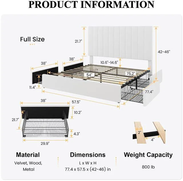 Alt view image 2 of 7 - Full Size Platform Bed Frame with 4 Storage Drawers, Vertical Channel Tufted Adjustable Headboard, Velvet Upholstered, Wooden Slats Support, No Box Spring Needed, Easy Assembly, White