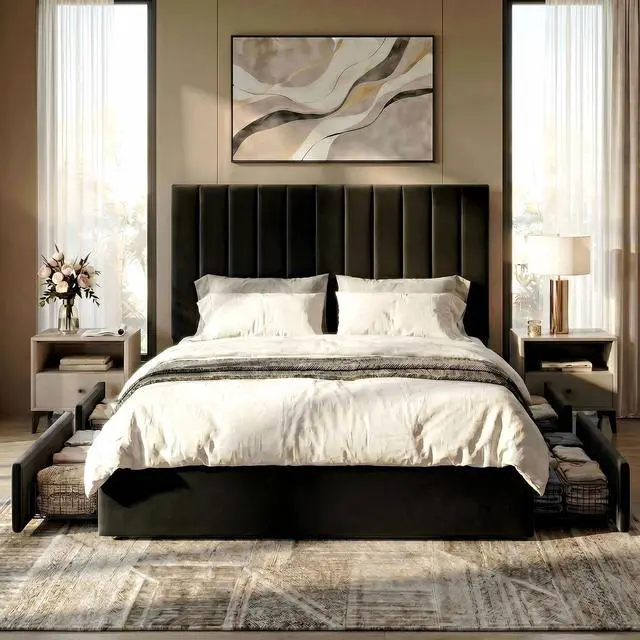 Alt view image 3 of 7 - Queen Size Platform Bed Frame with 4 Storage Drawers, Vertical Channel Tufted Adjustable Headboard, Velvet Upholstered, Wooden Slats Support, No Box Spring Needed, Easy Assembly, Black