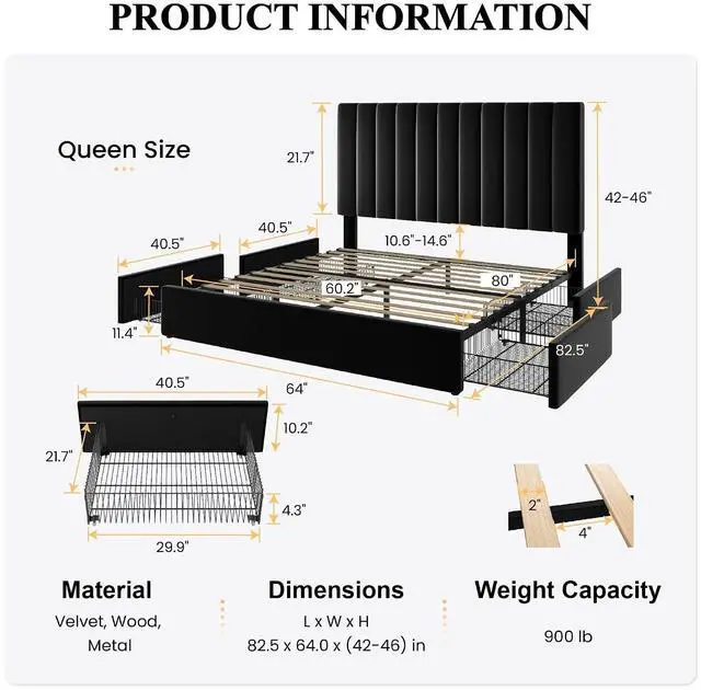 Alt view image 2 of 7 - Queen Size Platform Bed Frame with 4 Storage Drawers, Vertical Channel Tufted Adjustable Headboard, Velvet Upholstered, Wooden Slats Support, No Box Spring Needed, Easy Assembly, Black