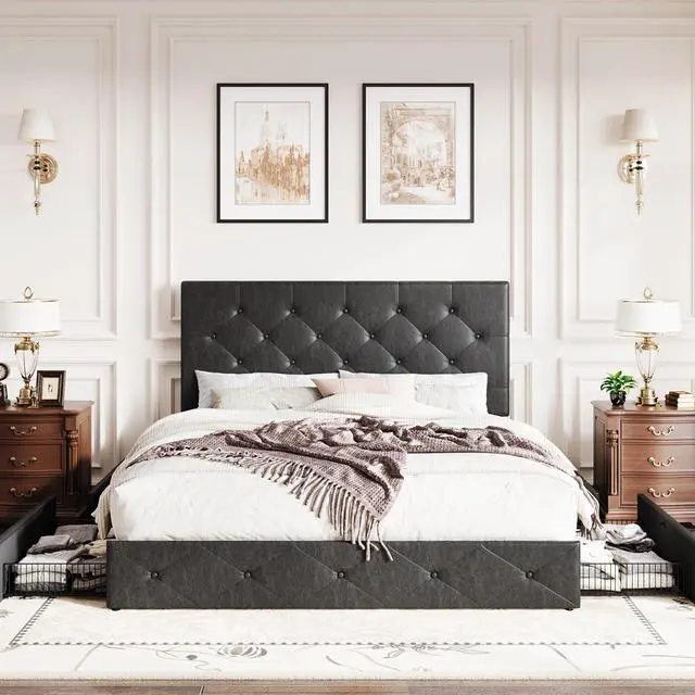 Alt view image 3 of 7 - Upholstered Queen Platform Storage Bed Frame with 4 Drawers, Adjustable Headboard with Faux Leather Diamond Button Tufted Design, Wooden Slat Support, No Box Spring Needed, Black