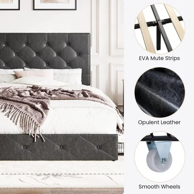 Alt view image 7 of 7 - Upholstered Queen Platform Storage Bed Frame with 4 Drawers, Adjustable Headboard with Faux Leather Diamond Button Tufted Design, Wooden Slat Support, No Box Spring Needed, Black