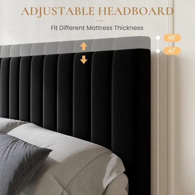 Alt view image 4 of 7 - Queen Size Platform Bed Frame with 4 Storage Drawers, Vertical Channel Tufted Adjustable Headboard, Velvet Upholstered, Wooden Slats Support, No Box Spring Needed, Easy Assembly, Black