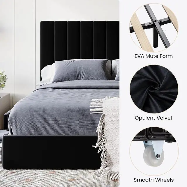 Alt view image 7 of 7 - Queen Size Platform Bed Frame with 4 Storage Drawers, Vertical Channel Tufted Adjustable Headboard, Velvet Upholstered, Wooden Slats Support, No Box Spring Needed, Easy Assembly, Black