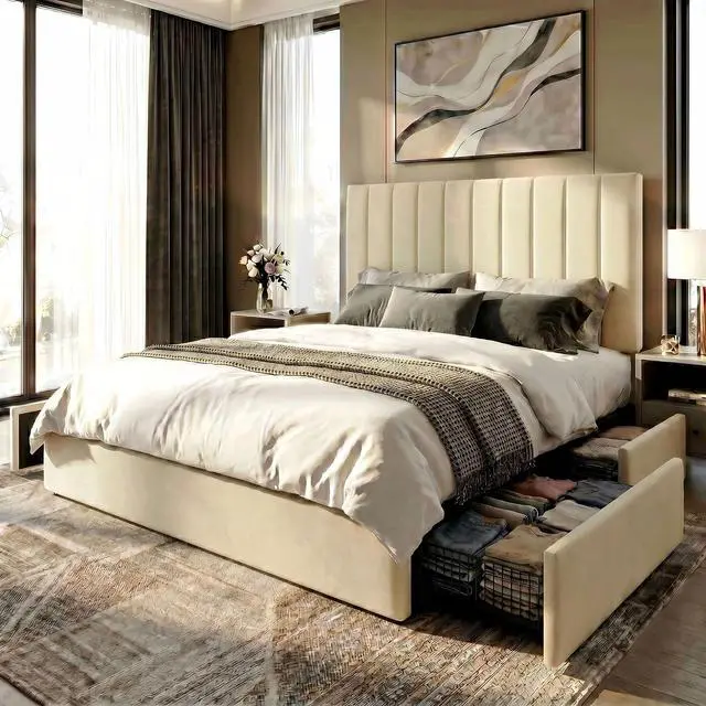 Main image of Queen Platform Bed Frame with 4 Storage Drawers, Vertical Channel Tufted Adjustable Headboard, Velvet Upholstered, Wooden Slats Support, No Box Spring Needed, Easy Assembly, Cream