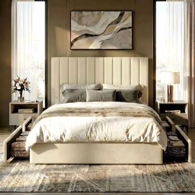 Alt view image 3 of 7 - Queen Platform Bed Frame with 4 Storage Drawers, Vertical Channel Tufted Adjustable Headboard, Velvet Upholstered, Wooden Slats Support, No Box Spring Needed, Easy Assembly, Cream