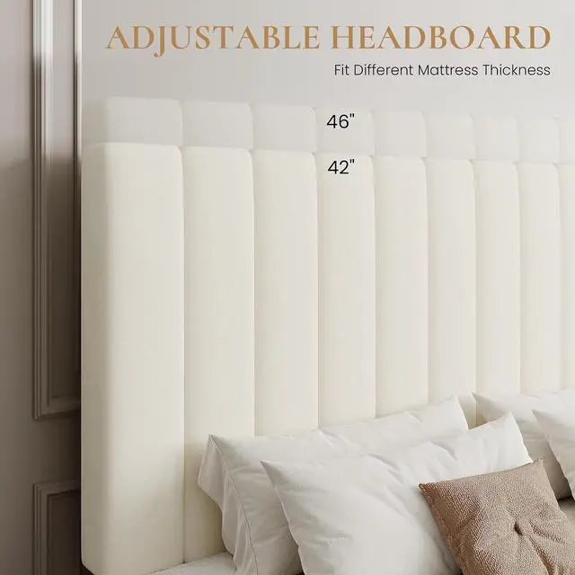 Alt view image 4 of 7 - Queen Platform Bed Frame with 4 Storage Drawers, Vertical Channel Tufted Adjustable Headboard, Velvet Upholstered, Wooden Slats Support, No Box Spring Needed, Easy Assembly, Cream