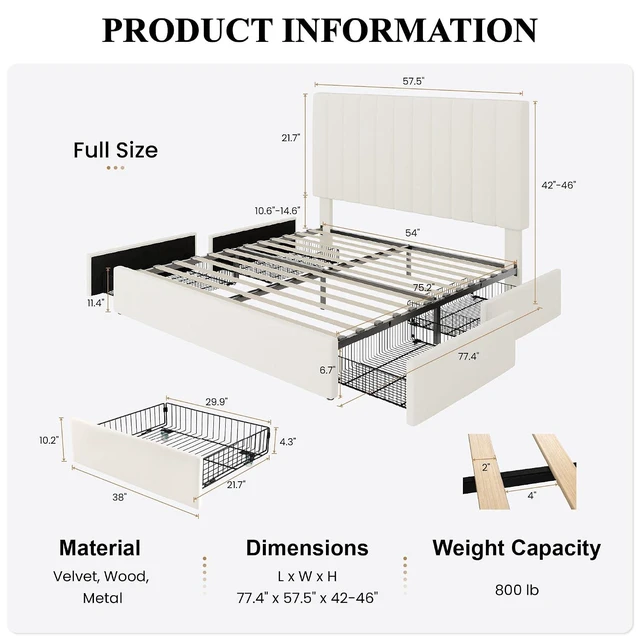 Alt view image 2 of 7 - Full Size Platform Bed Frame with 4 Storage Drawers, Vertical Channel Tufted Adjustable Headboard, Velvet Upholstered, Wooden Slats Support, No Box Spring Needed, Easy Assembly, Cream