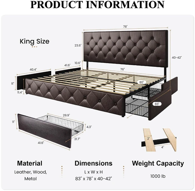 Alt view image 2 of 7 - Upholstered King Size Platform Bed Frame with 4 Storage Drawers, Adjustable Headboard with Diamond Stitched Button Tufted Design, Wooden Slat Support, No Box Spring Needed, Black Brown