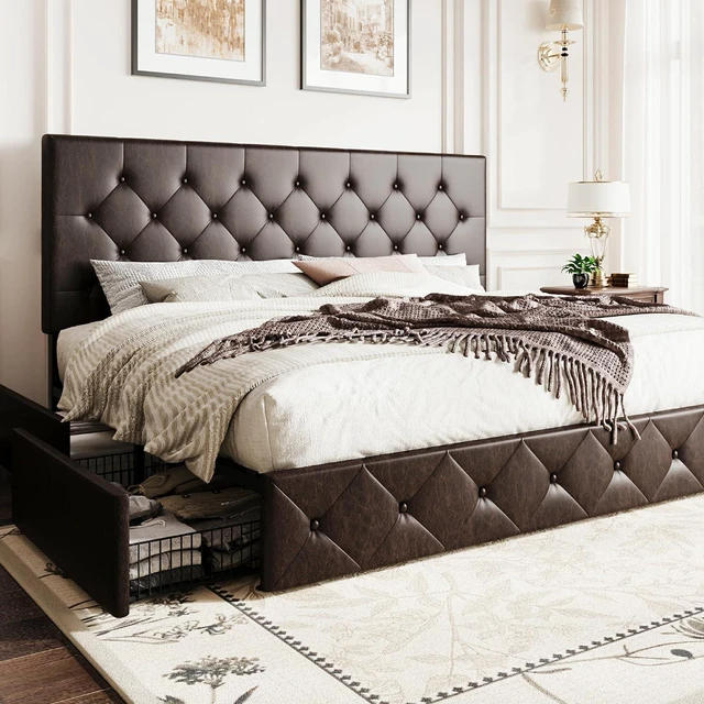 Main image of Upholstered King Size Platform Bed Frame with 4 Storage Drawers, Adjustable Headboard with Diamond Stitched Button Tufted Design, Wooden Slat Support, No Box Spring Needed, Black Brown
