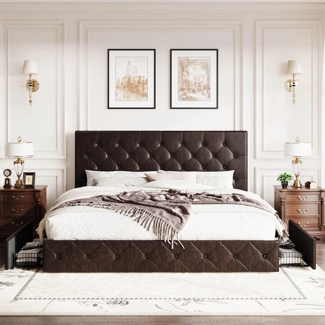 Alt view image 3 of 7 - Upholstered King Size Platform Bed Frame with 4 Storage Drawers, Adjustable Headboard with Diamond Stitched Button Tufted Design, Wooden Slat Support, No Box Spring Needed, Black Brown