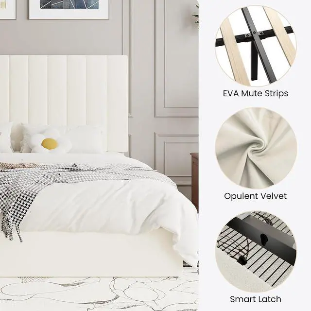 Alt view image 7 of 7 - Queen Platform Bed Frame with 4 Storage Drawers, Vertical Channel Tufted Adjustable Headboard, Velvet Upholstered, Wooden Slats Support, No Box Spring Needed, Easy Assembly, Cream