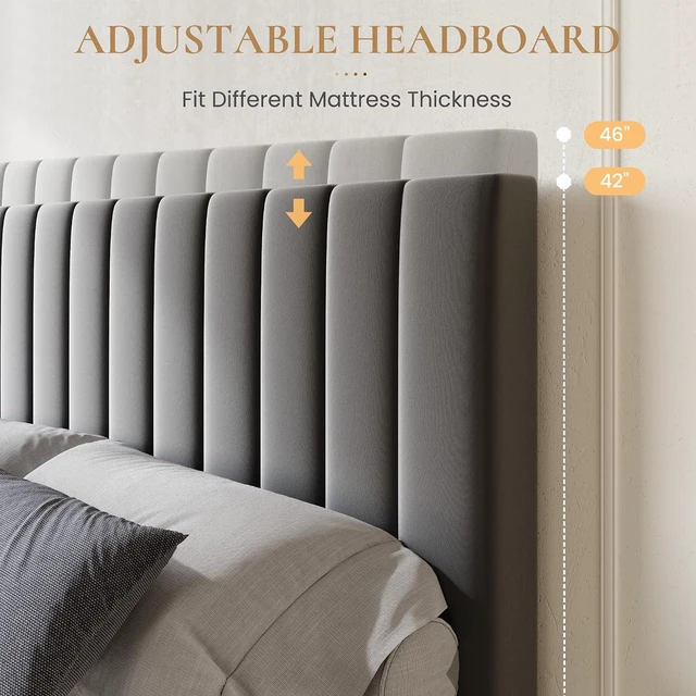 Alt view image 4 of 7 - King Size Platform Bed Frame with 4 Storage Drawers, Vertical Channel Tufted Adjustable Headboard, Velvet Upholstered, Wooden Slats Support, No Box Spring Needed, Easy Assembly, Grey