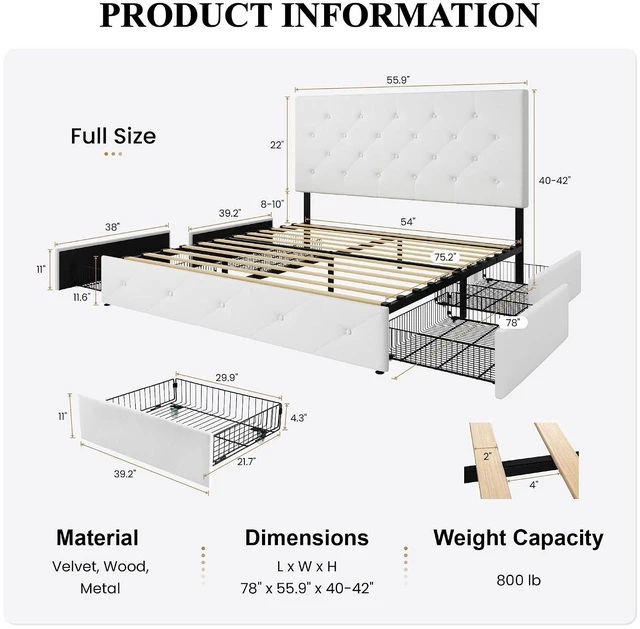 Alt view image 2 of 7 - Full Size Platform Bed Frame with 4 Oversized Storage Drawers, Adjustable Headboard with Velvet Upholstery, Diamond Button Tufted Design, Wooden Slat Support, No Box Spring Needed, White