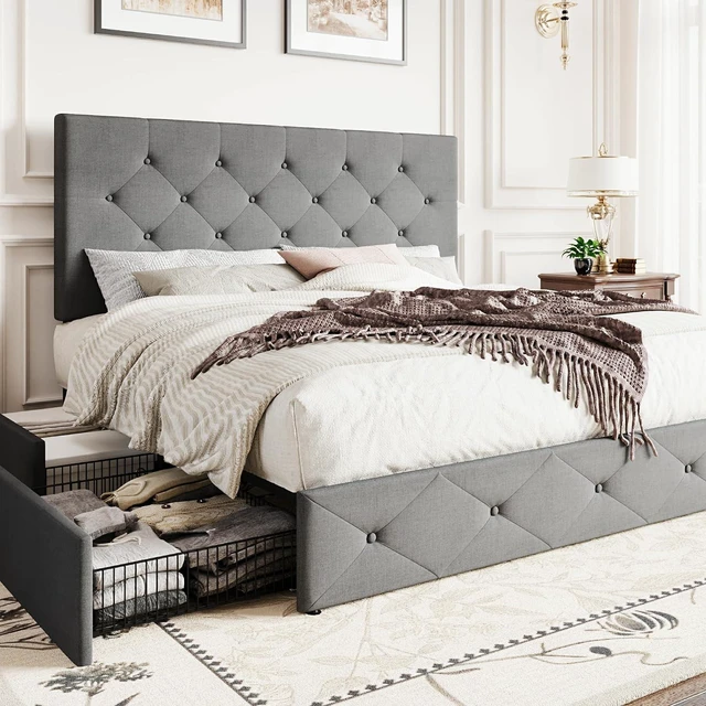 Main image of Upholstered Full Size Platform Bed Frame with 4 Storage Drawers, Adjustable Headboard with Diamond Stitched Button Tufted Design, Wooden Slat Support, No Box Spring Needed, Light Grey