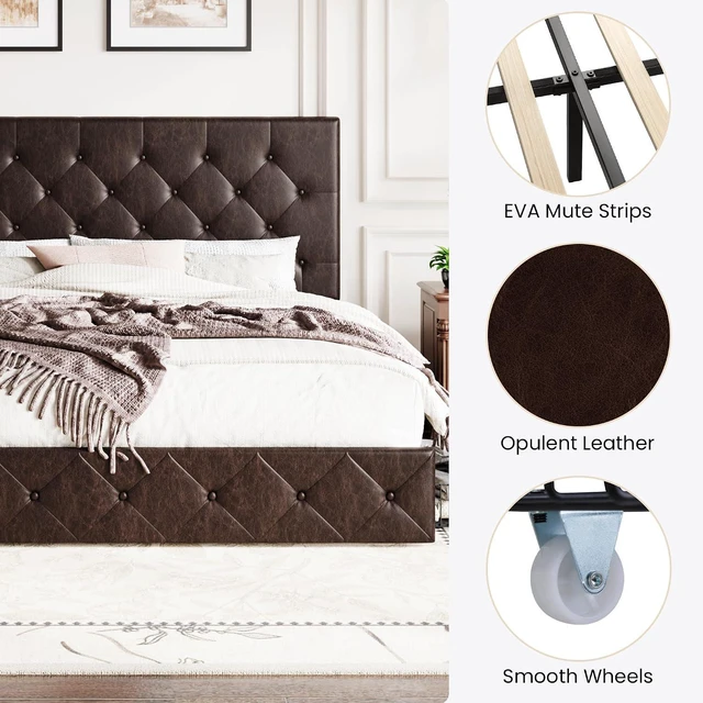 Alt view image 7 of 7 - Upholstered King Size Platform Bed Frame with 4 Storage Drawers, Adjustable Headboard with Diamond Stitched Button Tufted Design, Wooden Slat Support, No Box Spring Needed, Black Brown