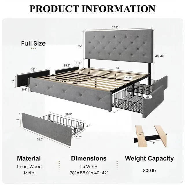 Alt view image 2 of 7 - Upholstered Full Size Platform Bed Frame with 4 Storage Drawers, Adjustable Headboard with Diamond Stitched Button Tufted Design, Wooden Slat Support, No Box Spring Needed, Light Grey