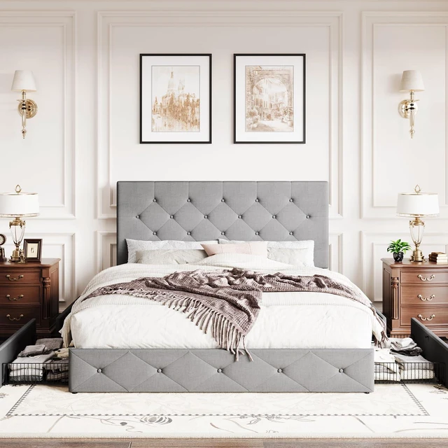 Alt view image 3 of 7 - Upholstered Full Size Platform Bed Frame with 4 Storage Drawers, Adjustable Headboard with Diamond Stitched Button Tufted Design, Wooden Slat Support, No Box Spring Needed, Light Grey