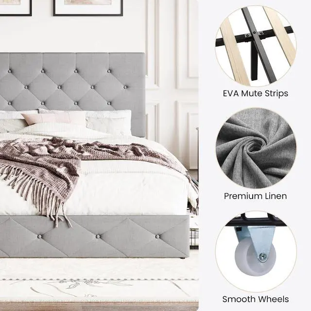 Alt view image 7 of 7 - Upholstered Full Size Platform Bed Frame with 4 Storage Drawers, Adjustable Headboard with Diamond Stitched Button Tufted Design, Wooden Slat Support, No Box Spring Needed, Light Grey