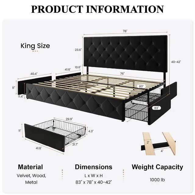 Alt view image 2 of 7 - King Size Platform Bed Frame with 4 Oversized Storage Drawers, Adjustable Headboard with Velvet Upholstery, Diamond Button Tufted Design, Wooden Slat Support, No Box Spring Needed, Black