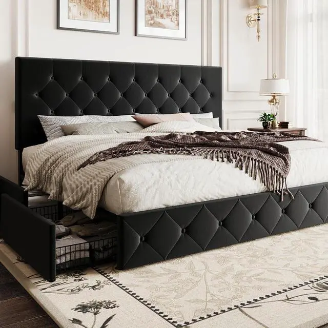 Main image of King Size Platform Bed Frame with 4 Oversized Storage Drawers, Adjustable Headboard with Velvet Upholstery, Diamond Button Tufted Design, Wooden Slat Support, No Box Spring Needed, Black
