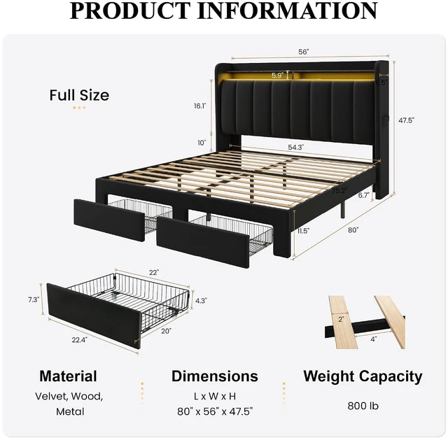 Alt view image 2 of 7 - Velvet Full Size Bed Frame with Vertical Channel Tufted Wingback Headboard & 2 Storage Drawers/2-Tier Shelves with LED Lights & Charging Station/Noise-Free/No Box Spring Needed/Black