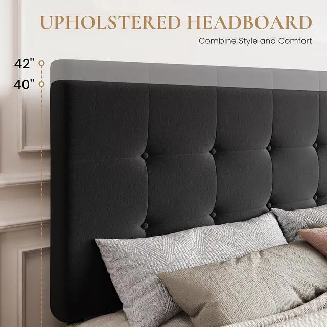 Alt view image 4 of 7 - Queen Platform Bed Frame with 4 Oversized Storage Drawers, Adjustable Headboard with Velvet Upholstery, Square Button Tufted Design, Wooden Slat Support, No Box Spring Needed, Black