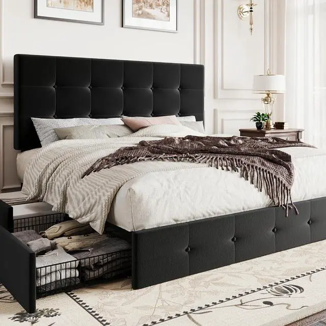 Main image of Queen Platform Bed Frame with 4 Oversized Storage Drawers, Adjustable Headboard with Velvet Upholstery, Square Button Tufted Design, Wooden Slat Support, No Box Spring Needed, Black