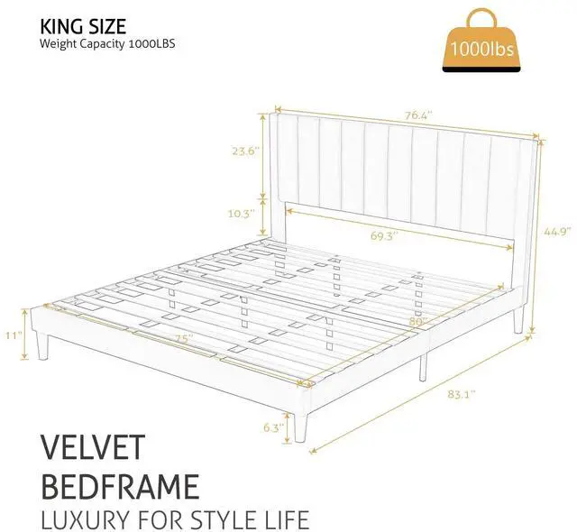 Alt view image 2 of 7 - King Bed Frame/Velvet Upholstered Platform Bed Frame with Headboard/Strong Wood Slats Support/Mattress Foundation/No Box Spring Needed - Black