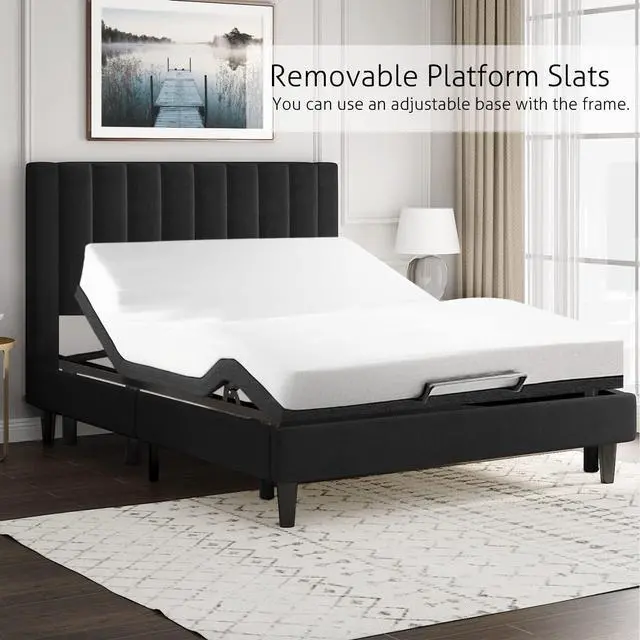 Alt view image 7 of 7 - King Bed Frame/Velvet Upholstered Platform Bed Frame with Headboard/Strong Wood Slats Support/Mattress Foundation/No Box Spring Needed - Black