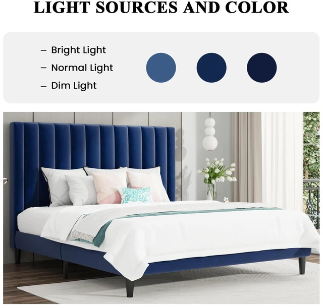 Alt view image 3 of 7 - King Bed Frame/Velvet Upholstered Platform Bed Frame with Headboard/Strong Wood Slats Support/Mattress Foundation/No Box Spring Needed - Dark Blue