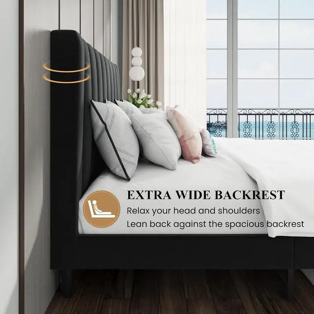 Alt view image 6 of 7 - King Bed Frame/Velvet Upholstered Platform Bed Frame with Headboard/Strong Wood Slats Support/Mattress Foundation/No Box Spring Needed - Black