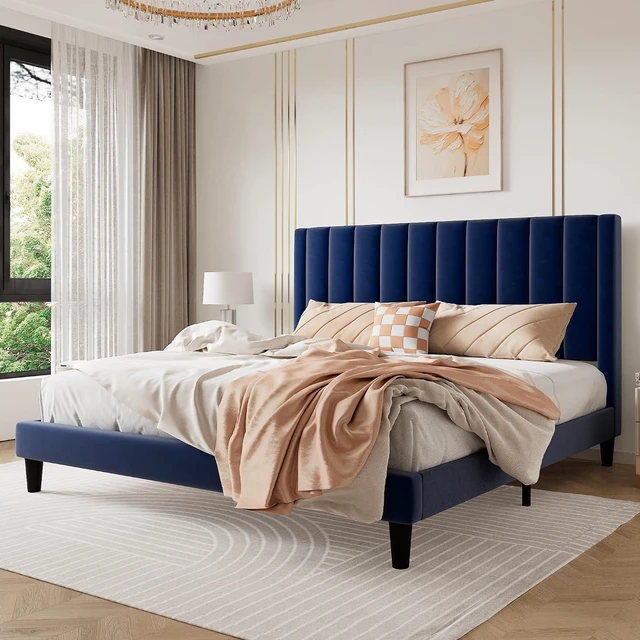 Main image of King Bed Frame/Velvet Upholstered Platform Bed Frame with Headboard/Strong Wood Slats Support/Mattress Foundation/No Box Spring Needed - Dark Blue
