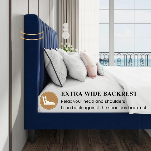 Alt view image 6 of 7 - King Bed Frame/Velvet Upholstered Platform Bed Frame with Headboard/Strong Wood Slats Support/Mattress Foundation/No Box Spring Needed - Dark Blue