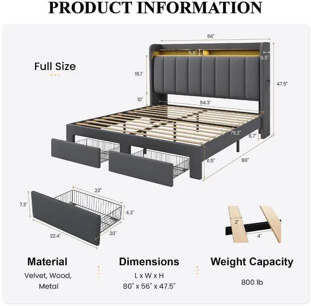 Alt view image 2 of 7 - Full Size Platform Bed Frame with Vertical Channel Tufted Wingback Headboard & 2 Storage Drawers/2-Tier Shelves with LED Lights & Charging Station/Noise-Free/No Box Spring Needed/Dark Grey