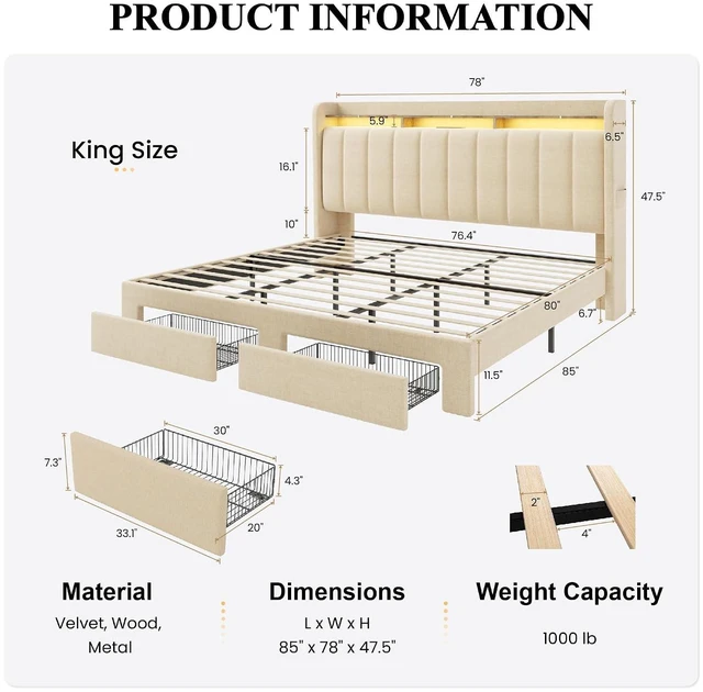 Alt view image 2 of 7 - King Size Platform Bed Frame with Vertical Channel Tufted Wingback Headboard & 2 Storage Drawers/2-Tier Shelves with LED Lights & Charging Station/Noise-Free/No Box Spring Needed/Beige