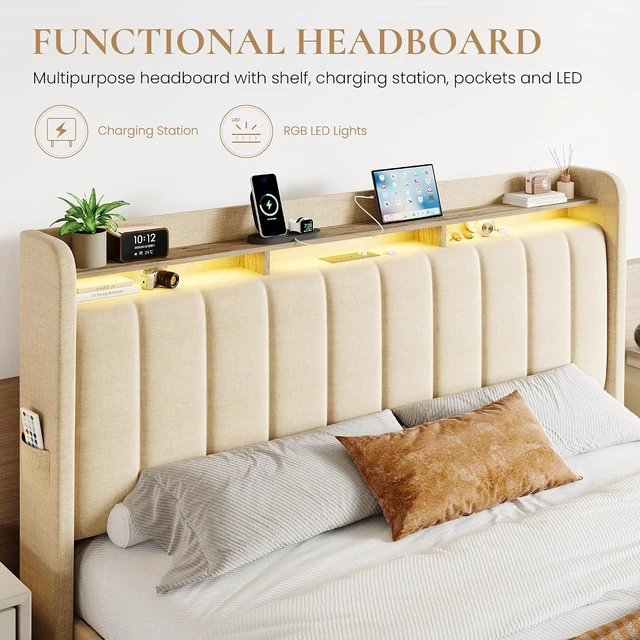 Alt view image 4 of 7 - King Size Platform Bed Frame with Vertical Channel Tufted Wingback Headboard & 2 Storage Drawers/2-Tier Shelves with LED Lights & Charging Station/Noise-Free/No Box Spring Needed/Beige