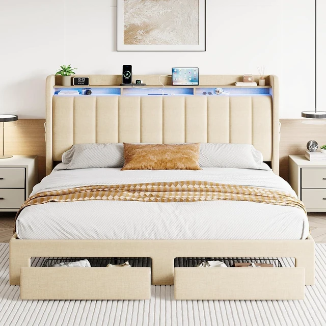 Alt view image 3 of 7 - King Size Platform Bed Frame with Vertical Channel Tufted Wingback Headboard & 2 Storage Drawers/2-Tier Shelves with LED Lights & Charging Station/Noise-Free/No Box Spring Needed/Beige