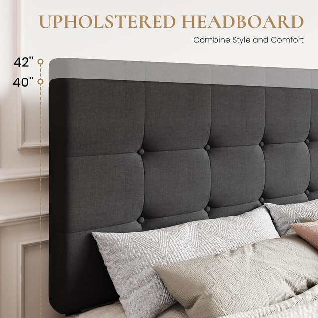 Alt view image 4 of 7 - Upholstered King Size Platform Bed Frame with 4 Storage Drawers, Adjustable Headboard with Square Stitched Button Tufted Design, Wooden Slat Support, No Box Spring Needed, Dark Grey