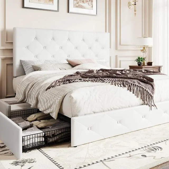 Main image of Upholstered Queen Platform Storage Bed Frame with 4 Drawers, Adjustable Headboard with Faux Leather Diamond Button Tufted Design, Wooden Slat Support, No Box Spring Needed, White