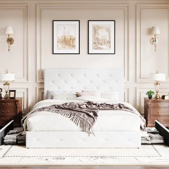 Alt view image 3 of 7 - Upholstered Queen Platform Storage Bed Frame with 4 Drawers, Adjustable Headboard with Faux Leather Diamond Button Tufted Design, Wooden Slat Support, No Box Spring Needed, White