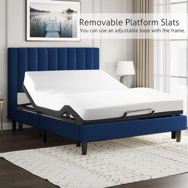 Alt view image 7 of 7 - King Bed Frame/Velvet Upholstered Platform Bed Frame with Headboard/Strong Wood Slats Support/Mattress Foundation/No Box Spring Needed - Dark Blue