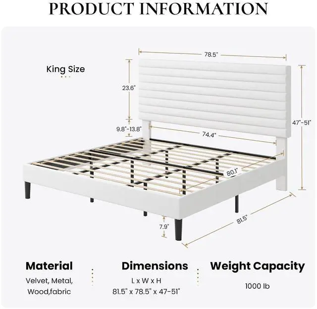 Alt view image 2 of 7 - King Size Platform Bed Frame with Adjustable Headboard, Velvet Upholstered Bed with Under-Bed Storage, Modern Horizontal Channel Tufted, Wood Slats Support, No Box Spring Needed, White