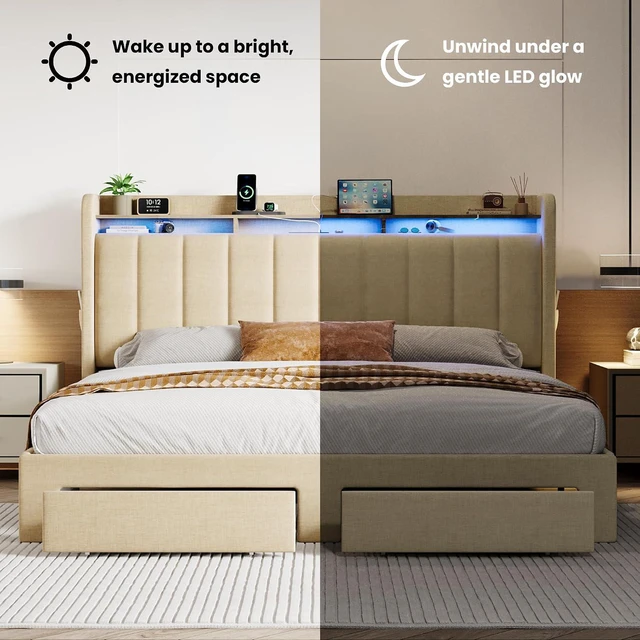 Alt view image 7 of 7 - King Size Platform Bed Frame with Vertical Channel Tufted Wingback Headboard & 2 Storage Drawers/2-Tier Shelves with LED Lights & Charging Station/Noise-Free/No Box Spring Needed/Beige