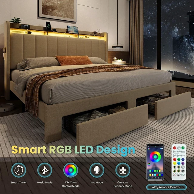Alt view image 6 of 7 - King Size Platform Bed Frame with Vertical Channel Tufted Wingback Headboard & 2 Storage Drawers/2-Tier Shelves with LED Lights & Charging Station/Noise-Free/No Box Spring Needed/Beige